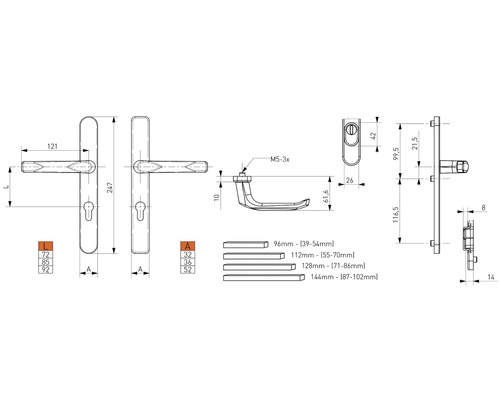 Dessin technique d''une poignée de porte avec indications de dimensions