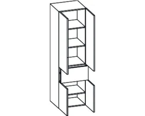 Meuble de cuisine avec plusieurs étagères et portes ouvertes