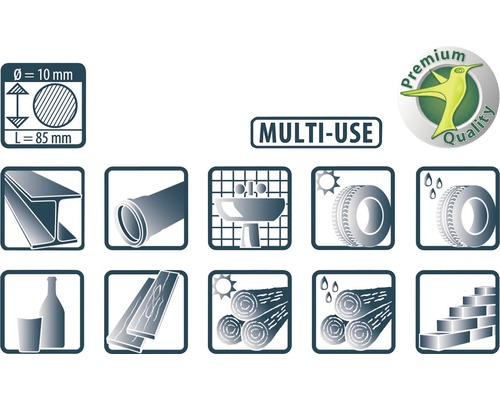 Multi-Use-Anwendungsbereiche mit Durchmesser, Länge, Stahlträger, Rohr, Waschbecken, Reifen, Flasche, Holz, Baumstämme und Mauerwerk
