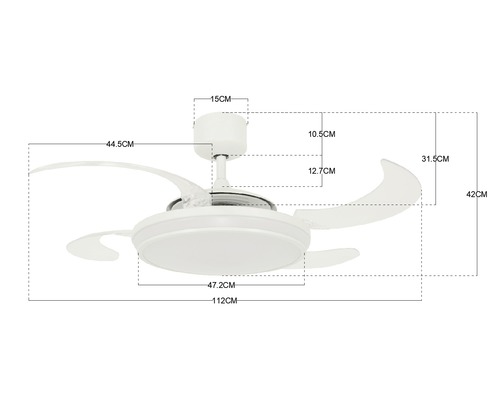 Ventilateur de plafond avec indications de dimensions