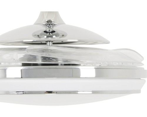 Detailansicht eines Deckenventilators mit transparenten Rotorblättern und weissem Gehäuse