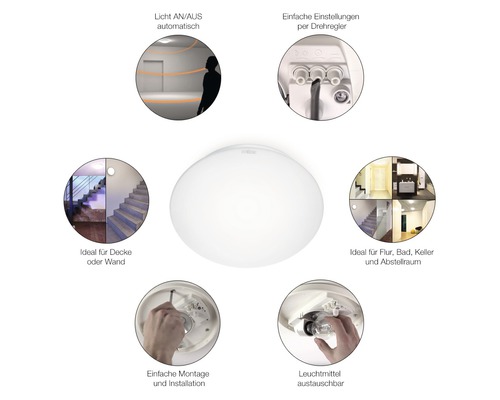 Deckenleuchte mit automatischem Lichtsensor und Drehregler zur einfachen Einstellung, geeignet für Flur, Bad, Keller und Abstellraum.
