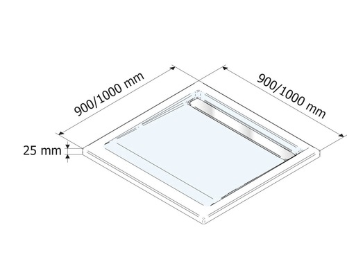 Zeichnung einer Duschwanne mit den Maßen 900/1000 Millimeter mal 900/1000 Millimeter und einer Höhe von 25 Millimetern