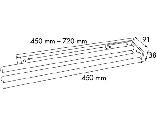 Technische Zeichnung eines ausziehbaren Handtuchhalters mit Maßangaben