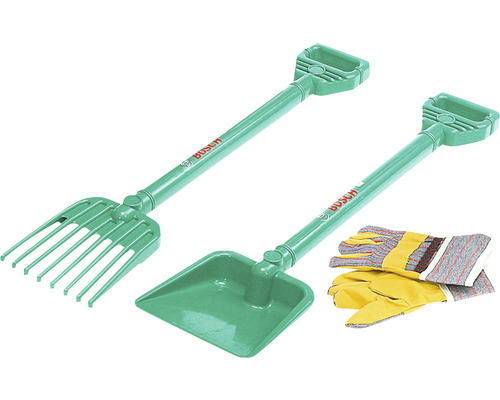 Logo Bosch Set d''outils de jardin composé d''une pelle, d''un râteau et de gants
