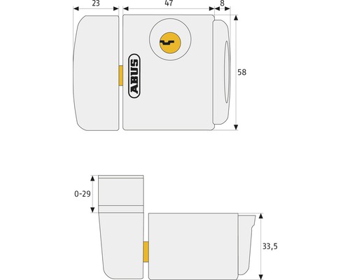 Abbildung mit Maßangaben eines ABUS Kastenschlosses