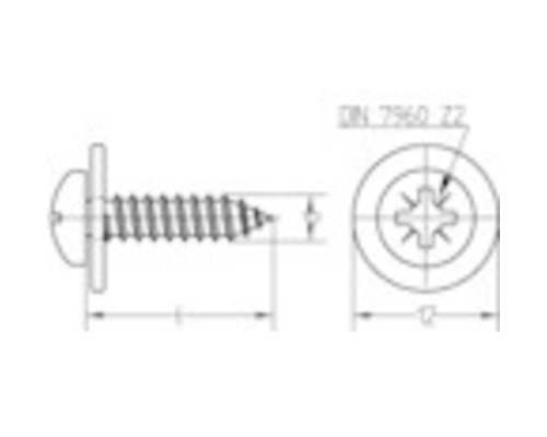Zeichnung einer Linsenkopfschraube mit Blechschraubenkopf nach DIN 7962
