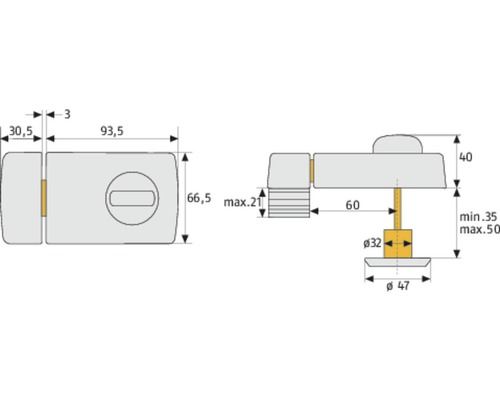 Schéma technique d''un verrou de porte avec dimensions