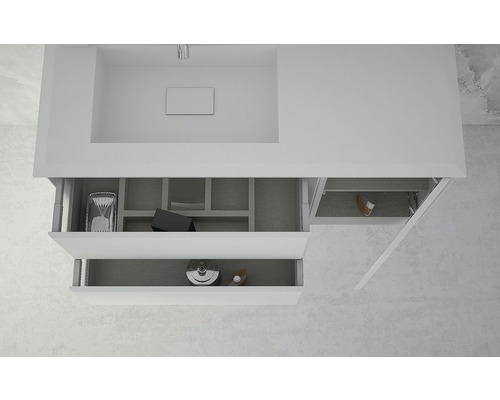 Meuble sous-vasque avec tiroirs ouverts et espace de rangement