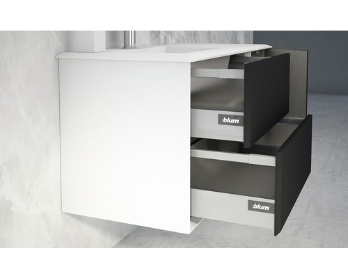 Meuble sous-lavabo avec deux tiroirs partiellement ouverts.