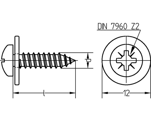 Technische Zeichnung einer Blechschraube mit Linsenkopf nach DIN 7960