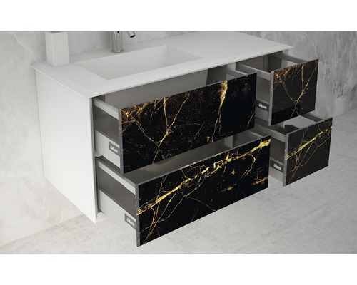 Waschtischunterschrank mit offenem Auszug und Marmoroptik