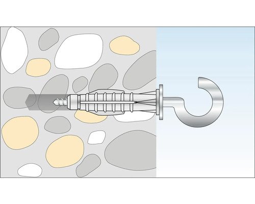 Illustration einer Universaldübel mit Hakenschraube in einer Wand