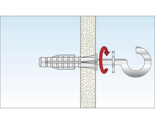Illustration einer Hohlraumdübelbefestigung mit Hakenschraube und rotem Pfeil, der die Drehbewegung darstellt