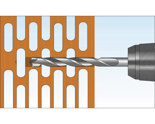 Illustration einer Bohrmaschine beim Bohren eines Lochs in eine Lochplatte.