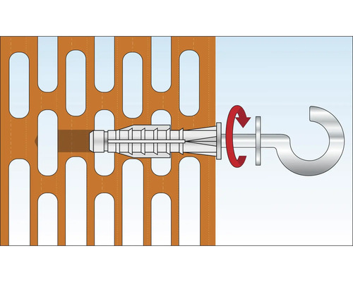 Illustration eines Dübels mit Hakenschraube in einem Lochstein