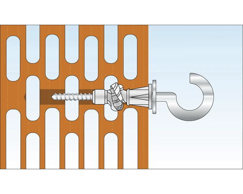 Abbildung eines Hohlraumdübels mit Schraube und Haken in einer Lochwand