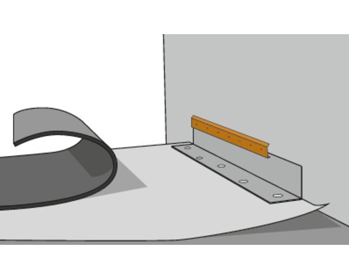 Vue détaillée d''une gouttière avec éléments de fixation et matériau d''étanchéité.