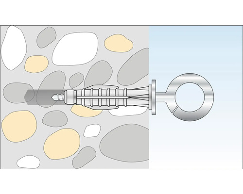 Illustration eines Schwerlastdübels mit Ringschraube in einer Steinwand