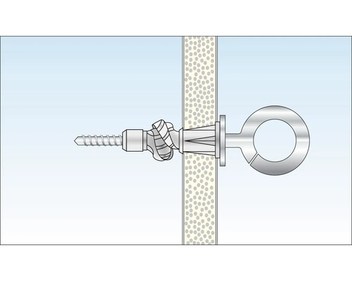 Befestigung eines Hohlraumdübels mit Ringschraube in einer Wand.