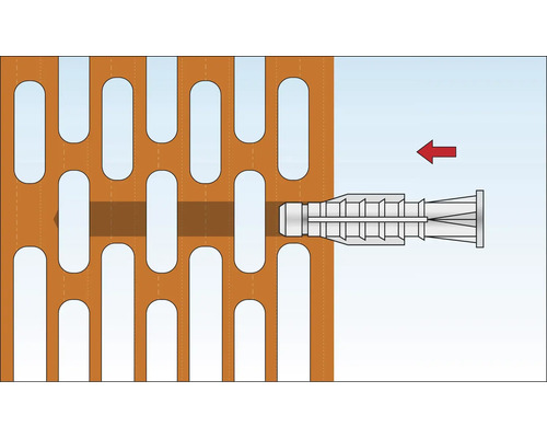 Illustration einer Dübelbefestigung in einem Lochziegelstein.