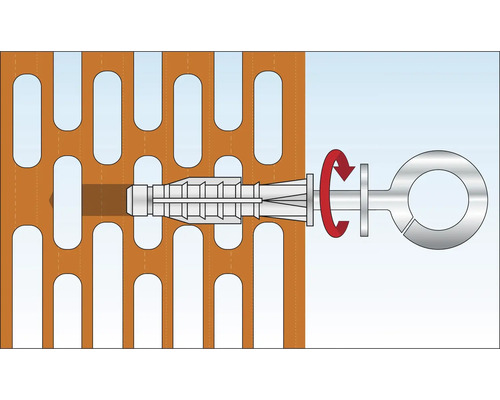 Illustration eines Dübels in einer Lochziegelwand mit einer Schraube, die sich dreht