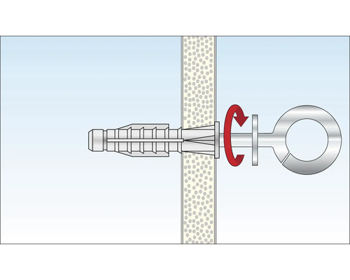 Illustration eines Dübels mit Ringschraube und rotem Pfeil zur Drehrichtung