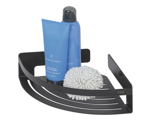 Schwarzes Eckregal mit Duschgel und Schwamm