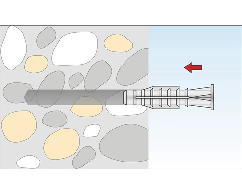 Illustration einer Dübelbefestigung in einer Steinwand mit rotem Pfeil, der die Einführrichtung anzeigt.