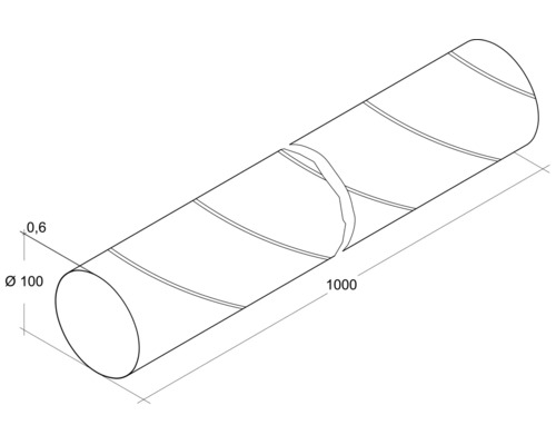 Dessin technique d''un tube spiralé de 1000 millimètres de long et 100 millimètres de diamètre.
