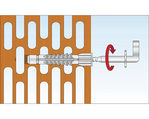 Illustration eines Dübels in einem Lochstein mit Drehbewegung