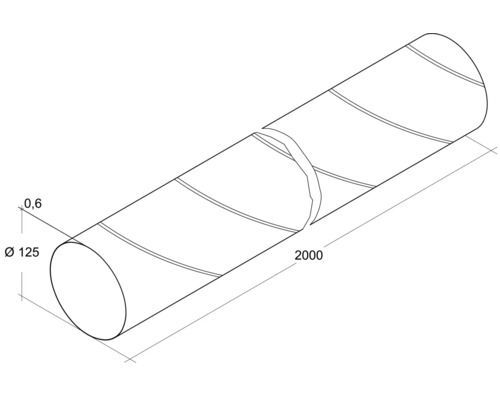 Illustration eines Wickelfalzrohrs mit den Massen 125 Millimeter Durchmesser und 2000 Millimeter Länge