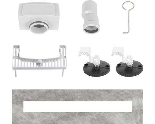 Ablaufgarnitur für Dusche mit Siphon und Montagezubehör.