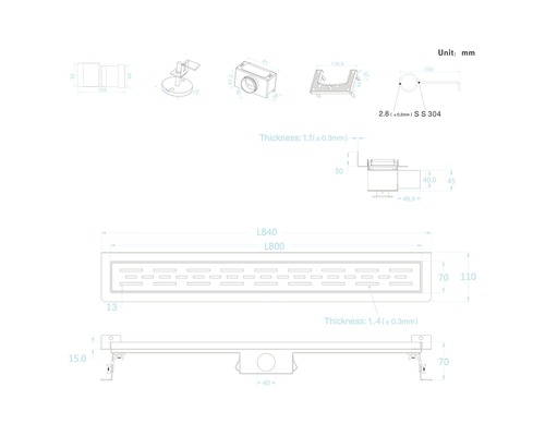 Technische Zeichnung einer Duschrinne mit Maßangaben.