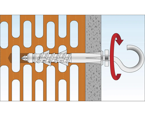 Illustration einer Dübelbefestigung in einer Wand mit Haken