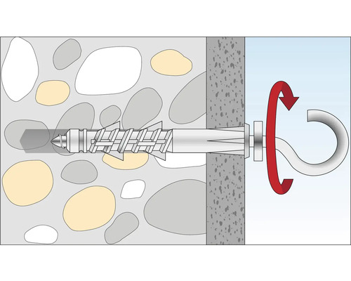 Illustration einer Schraube mit Hakenbefestigung in einer Betonwand.