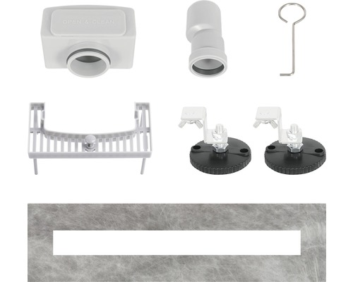 Composants pour garnitures de vidange de receveur de douche, comprenant siphon, filtre et matériel de fixation