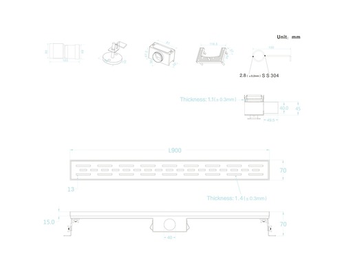 Dessin technique d''un caniveau de douche avec dimensions et détails