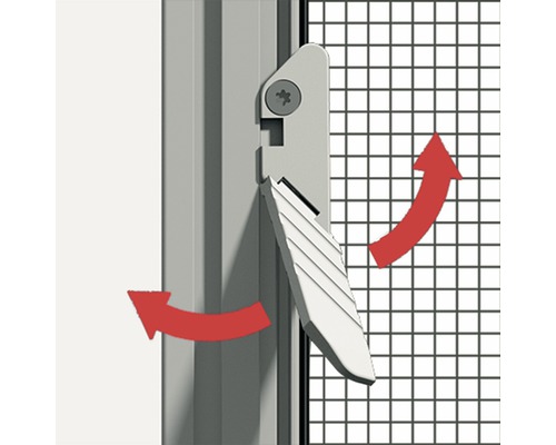 Moustiquaire de fenêtre avec fermeture rotative et flèches illustrant le fonctionnement