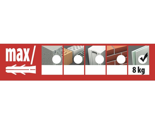 Image symbolique pour chevilles avec une charge maximale de 8 kilogrammes dans différents matériaux