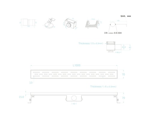 Schéma technique d''un caniveau de douche avec dimensions