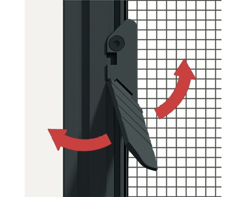 Detailansicht eines Insektenschutzfensters mit Drehverschlüssen zur Befestigung