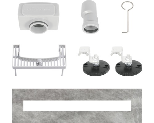 Kit d''accessoires pour caniveau de douche avec manchette d''étanchéité, corps d''écoulement, siphon et pieds de montage