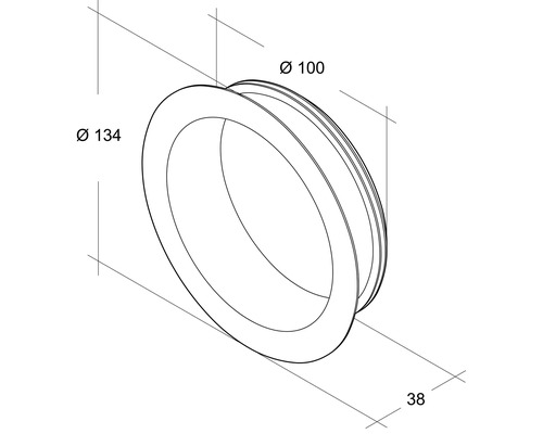 Technische Zeichnung einer Rosette mit den Durchmessern 100 Millimeter und 134 Millimeter sowie einer Tiefe von 38 Millimeter.