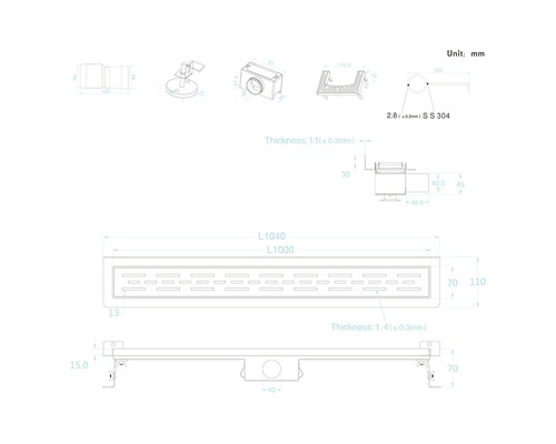 Schéma technique d''un caniveau de douche avec dimensions et détails