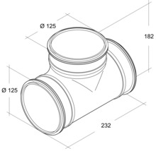 Technische Zeichnung eines T-Stücks mit den Maßen Durchmesser 125, 182 und 232.