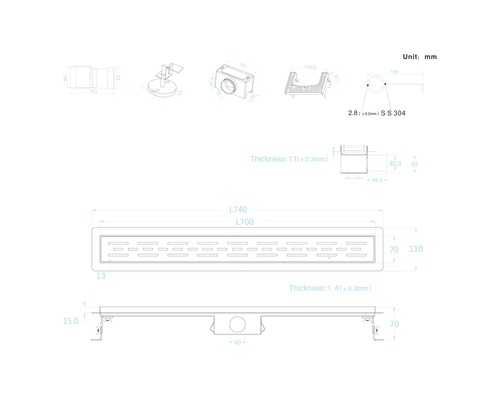 Dessin technique d''un caniveau de douche avec dimensions