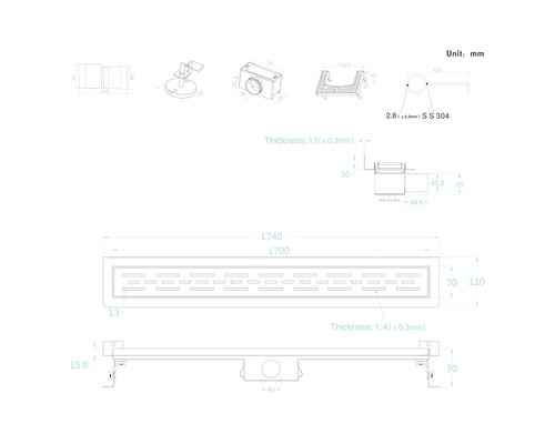 Schéma technique d''un caniveau de douche avec les dimensions.