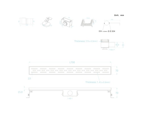 Dessin technique d''un caniveau de douche avec dimensions.