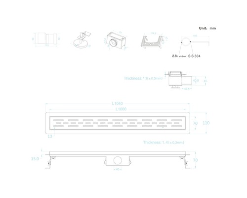 Schéma technique d''un caniveau de douche avec dimensions